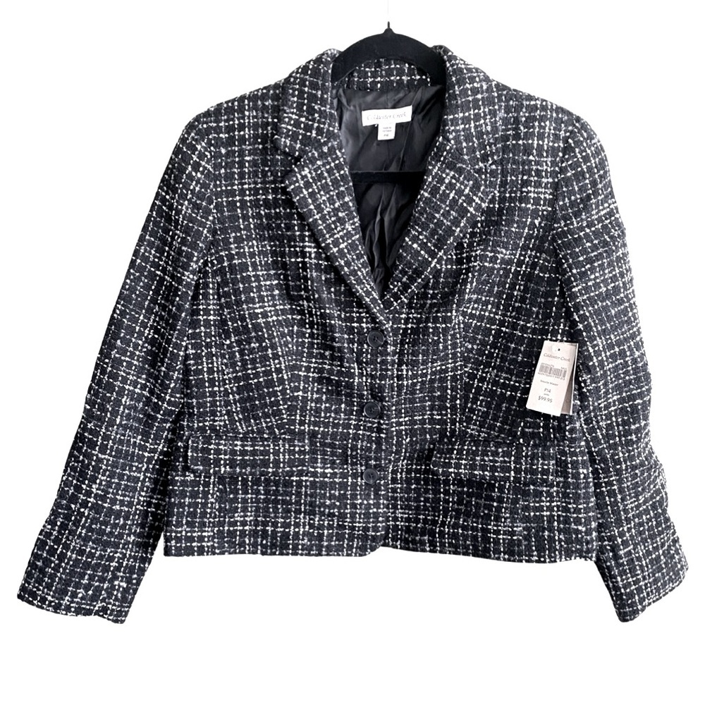 Coldwater Creek Boucle Blazer 14 Petite Wool Tweed Short Jacket Black White